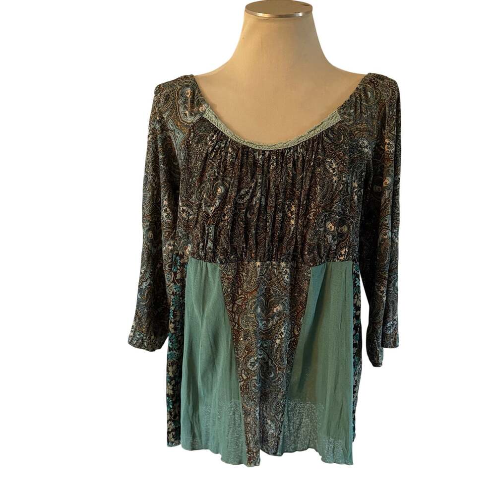 Y2K 2000s Teal Paisley Babydoll Blouse Plus 2X Forest Fairy Whimsy Grunge